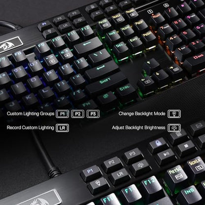 Redragon K550 RGB Gaming Keyboard, 104 Keys + 12 Macro G Keys Wired Mechanical Keyboard w/Aluminum Top Plate, Custom Clicky Purple Switch, Extra USB Port & Wrist Rest - color: Black