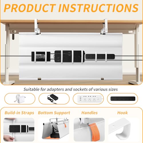 Under Desk Cable Management Tray No Drill,36Inch Cable Management,White | Clamp and Screw Mount Cable Management Tray, Extra Large Capacity Desk Cable Management, Fabric Wire Management for Office - color: White, size: 36"L x 5.5"W