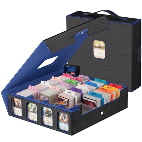 3200+ Trading Card Storage Box with Commander Display, 4-Row TCG Card Box with Portable Handle, Compatible for TCG/MTG/Magic Cards, 30 Colorful Divider, 8 Supporters, US Design Patent (Black&Blue) - color: Black & Blue, size: 3200+