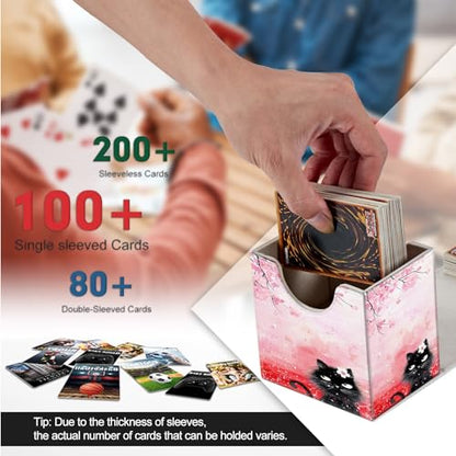 Card Deck Box, Card Storage Box Fits 100+ Single Sleeved Cards, Large Capacity PU Leather Card Storage Box with Strong Magnet for Magic Commander TCG CCG, Cherry Blossoms Cat - color: Cherry Blossoms Cat