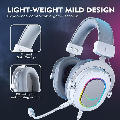 FIFINE H6W USB Gaming Headset,Wired Headphones with Mic for PC/Laptop/PS5 | Tuned 50mm Drivers, 7.1 Surround Sound, 3 EQ Modes, Soft Earmuff, Vibrant RGB, Handy In-line Control, for gaming/streaming - color: White