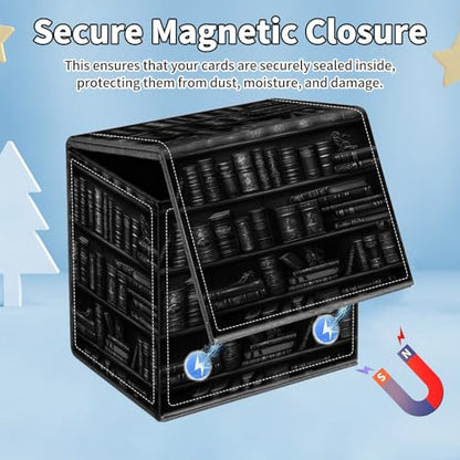 Card Deck Box for MTG Commander,Collectible Trading Storage Box Fits 120+ Single Sleeved Cards Magnetic Case PU Leather for Magic Commander TCG CCG MTG,Art Black Bookshelf - color: Art Black Bookshelf
