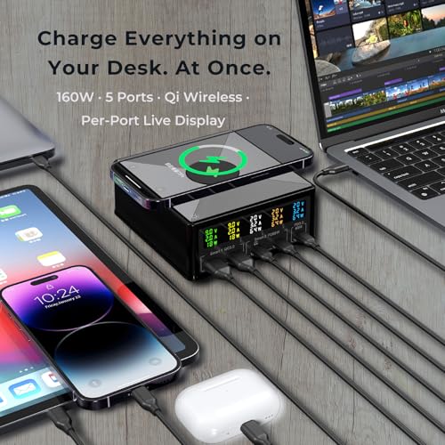 160W Desktop Charger Station with Wireless Charging Pad & Per-Port Display | Powers Multiple Devices at Once: PD 3.0 65W USB-C for MacBook, QC 3.0 for Phones, 15W Qi for iPhone, Pixel, Samsung, iPad