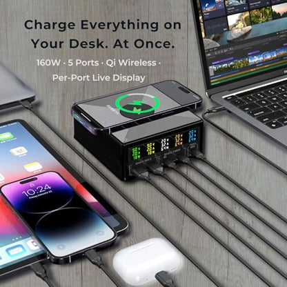 160W Desktop Charger Station with Wireless Charging Pad & Per-Port Display | Powers Multiple Devices at Once: PD 3.0 65W USB-C for MacBook, QC 3.0 for Phones, 15W Qi for iPhone, Pixel, Samsung, iPad