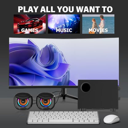 2.1 Computer Speakers, Gaming Stereo System with RGB Subwoofer, Wired USB Powered 3.5mm Auxiliary Speakers for PCs, Laptops, Tablets, Phones - Black