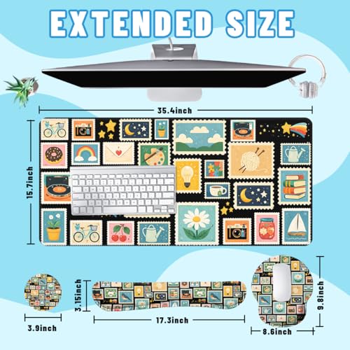 Retro Stamps Desk Mat Set Colorful Collage Large Mouse Pad with Wrist Rest 4in1 Desk Mat for Desktop Ergonomic Keyboard Wrist Support Anti-Slip Computer Ergonomic Mouse Pad Home Office Gaming - color: Retro Stamps