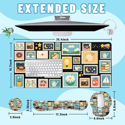 Retro Stamps Desk Mat Set Colorful Collage Large Mouse Pad with Wrist Rest 4in1 Desk Mat for Desktop Ergonomic Keyboard Wrist Support Anti-Slip Computer Ergonomic Mouse Pad Home Office Gaming - color: Retro Stamps