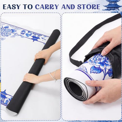 Blue and White Chinoiserie Floral Mahjong Mat 31.5" x 31.5" | Non-slip, Noise Reduction, Gaming Mat with Carrying Bag, Mahjong Table Cover for Poker Board Card Games Dominoes - style: Blue and White