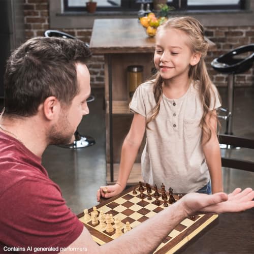AMEROUS 15 Inches Magnetic Wooden Chess Set - 2 Extra Queens - Folding Board - Pieces Storage Slots, Handmade Portable Travel Chess Game - Beginner Chess Set for Kids, 6 up Age