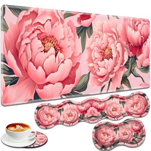 Large Gaming Mouse Pad + Keyboard Wrist Rest + Wrist Support + Coaster Set, Memory Foam Ergonomic for Easy Typing, XXL Extended Gaming Mouse Pad Table Pad - Art Pink Flowers - color: Art Pink Flowers