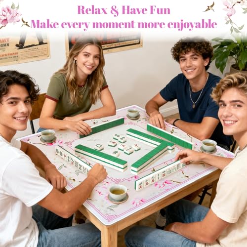 Pink Mahjong Mat with Rules Noise Mah Jongg Mat for Table, 31.5x31.5 Inch | Neoprene Mahjong Mat, Floral and Bird Pattern, Non-Slip Base, Noise-Reducing, Mahjong Table Cloth Ideal for Mahjong - style: Flowers & birds