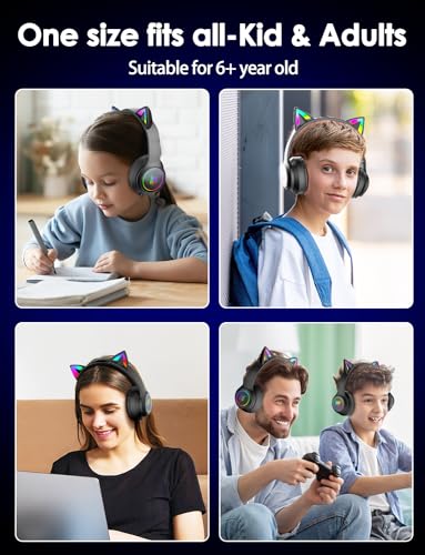 Cat Ear Bluetooth Headphones for Kids & Adults, 55H Play Time, Wireless Foldable & Wired Multi-Function LED Light Up Over Ear Headphones with Mic and Volume Control for iPhone/iPad/Laptop/PC - style: Adults-105dB-Black