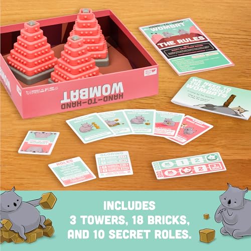 Exploding Kittens Hand to Hand Wombat, 3-6 Players, Age 7+ | Build towers with your eyes closed, spot the secret saboteurs, and vote out the Wicked Wombats before they wreck it all!