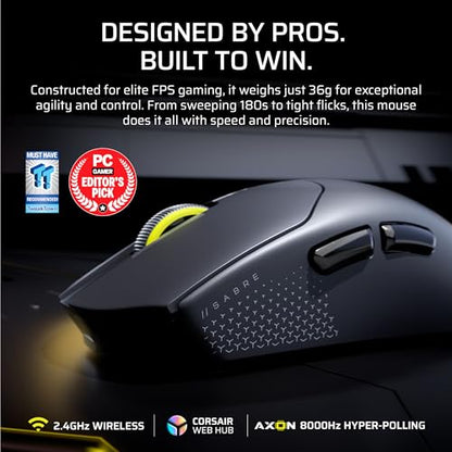 Corsair Sabre v2 PRO Ultralight FPS Wireless Gaming Mouse – 33,000 DPI, 36g Weight, 8,000Hz Hyper-Polling, Mechanical Switches, Up to 70-Hour Wireless Battery Life, Web Hub – White - color: White
