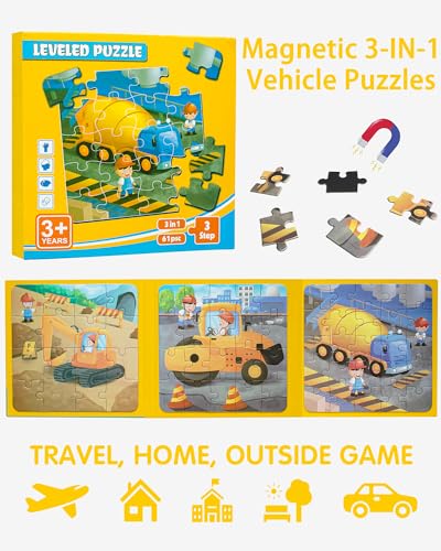 Magnetic Puzzles for Toddlers 3-5, 3 in 1 Travel Puzzles for Kids Ages 4-6, Excavator Truck Jigsaw Puzzle Book Road Trip Activities Toys for 3 4 5 6 Year Old Girls Birthday (Engineering) - style: Level 2 Construction Truck