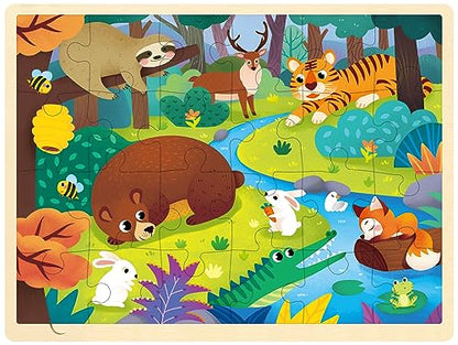 24 Piece Puzzles for Kids Ages 3-5, Unique Shape Jigsaw Pieces Forest Animals, Wooden Jigsaw Puzzle for 3 4 5 Year Old, Preschool Toddler Puzzle with Storage Tray - style: 24 Piece
