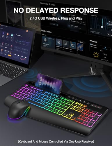 Wireless Keyboard and Mouse Combo - 9 Backlit Effects, 2.4GHz | Ergo Wrist Rest, Phone Holder, Full Size, Rechargeable, Sleep Mode, KM22 MAX Quiet Set for Computer, PC, Laptop, Mac, Windows - color: Classic Black