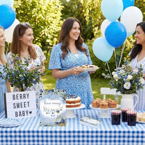 Blueberry Guess How Many Baby Shower Game Pack of 1 Tabletop Sign with Stand and 50 How Many Cards, a Berry Sweet Baby Is on the Way Gender Reveal Party Game Decoration - style: Blueberry