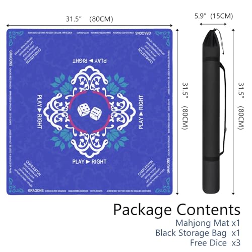 Blue Mahjong Mat with Rules, 31.5*31.5in Anti Slip American Mahjong Mat for Table, Noise Reduction, Neoprene Mah jongg Mats with Carrying Bag & 3 Dices, Mahjong Supplies Gift, Board Tile Games Mats - color: Blue04