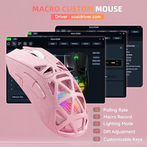 Aula SC620 Wireless Gaming Mouse, Tri-Mode 2.4GHz/USB-C/BT5.3 Computer Mouse with 12000 DPI, Programmable Macro Gamer Mouse with Rapid Fire Key, RGB Light Gaming Mice for PC/Laptop/Mac (Line Pink) - color: Line pink