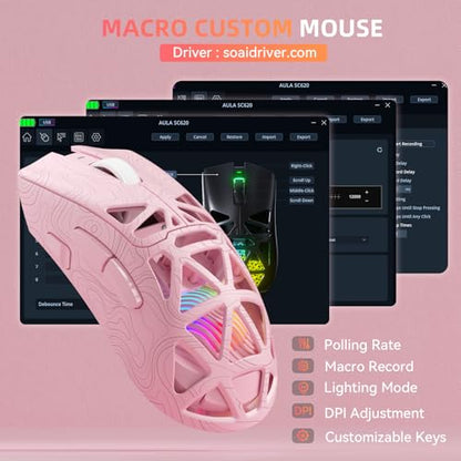 Aula SC620 Wireless Gaming Mouse, Tri-Mode 2.4GHz/USB-C/BT5.3 Computer Mouse with 12000 DPI, Programmable Macro Gamer Mouse with Rapid Fire Key, RGB Light Gaming Mice for PC/Laptop/Mac (Line Pink) - color: Line pink