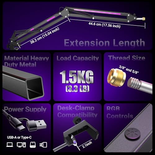FIFINE Microphone Boom Arm, Metal Adjustable Mic Arm Stand with RGB Control, 3/8” to 5/8” Screw Adapter, Desk Mount Clamp, Suspension Scissor Mic Stand for Gaming Streaming Podcast-AmpliGame BM38 | Gaming RGB Mic Arm, Desk Mount Clamp, 3/8” to 5/8” Screw