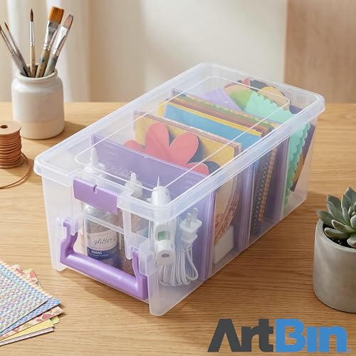 ArtBin Semi Satchel 휴대용 공예 정리함, 칸막이 3개 포함 - 미술 및 공예 용품을 위한 투명 플라스틱 보관 케이스 | 탈착식 칸막이 3개, 39.9 x 20.3 x 16.2cm(15.2 x 8 x 6.2인치), 안전한 걸쇠, 운반 손잡이, 투명하고 내구성 - color: 퍼플., size: Pack of 1