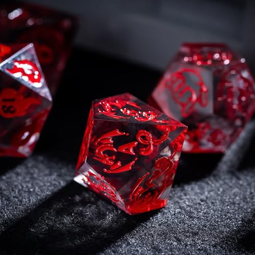 Cusdie 7-Piece Sharp Edges DND Dice Set with Dragon Pattern - Perfect for Tabletop RPGs Board Games Gifting and Collecting(Transparent Red with Balck Smoke) - color: Dragon Pattern Tr/R