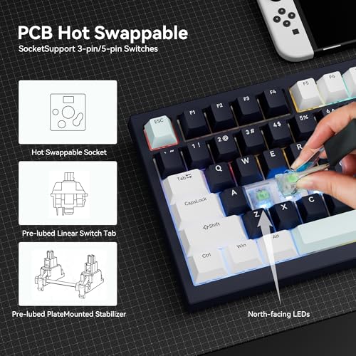 Gurjot Wireless Mechanical Keyboard with Knob,Tri-Mode BT5.0/2.4GHz/USB-C Hot Swappable Mechanical Keyboard,Pre-lubed Linear Switches,8000mAH Battery RGB Backlit Computer Gaming Keyboards - color: Navy Black