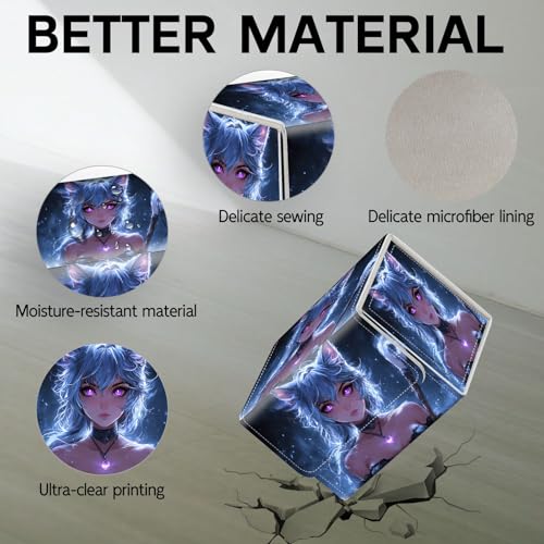 Trading Card Storage Box, Holds 100+ for MTG Cards, PU Leather with Magnetic Closure, Blue Cat Girl Mage Fantasy Durable Deck Box for Magic the Gathering, Trading Card Games - color: Blue Cat Girl Mage Fantasy