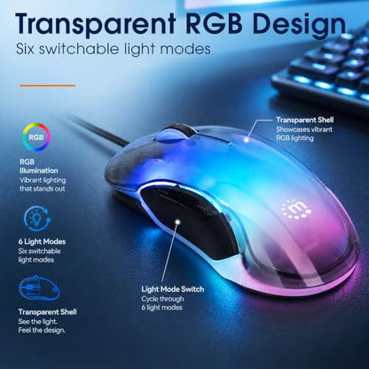 MANHATTAN RGB LED Wired USB Mouse, 12800 DPI, 5 Buttons, Braided | Transparent right-hand USB-A controller with dpi indicator LEDs, quiet wheel and browser thumb keys for PC or laptop
