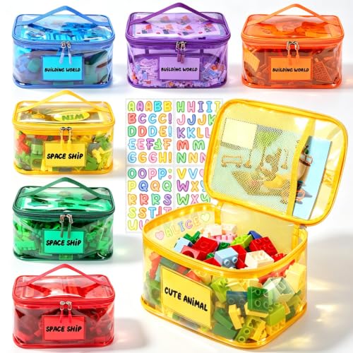 Tesuko 6 Pack Clear Toy Storage Bag with Name Tag& Manual Pocket, Waterproof Transparent PVC Toy Organizer Case for Lego Bricks, Board Games, Building Blocks, Puzzles (Large Capacity, Full Colourful) - color: Full Colourful-6PCS