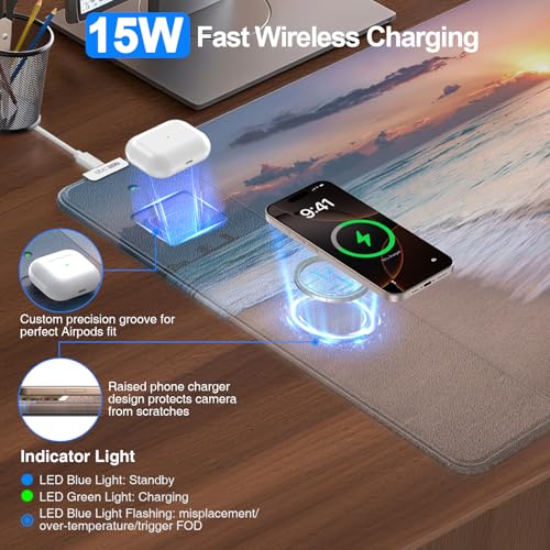 Wireless Charging Mouse Pad, 31.5"x15.8" in, Beach Sunset | Anti-Fray Stitched Edges, Waterproof Premium Textured Surface, Non-Slip Rubber Base, with 20W PD Adapter - color: Sunset Beach-31.5"x15.8"(with Wall Charger)