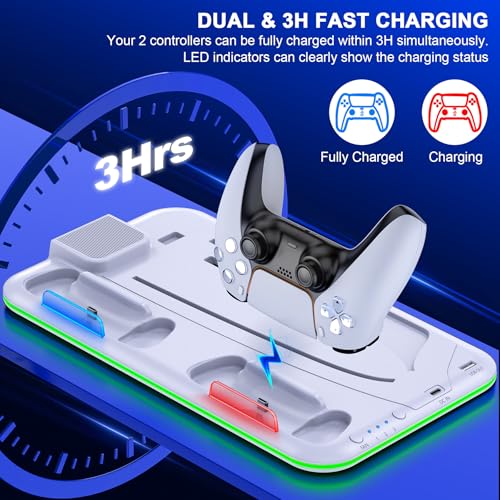 PS5/Slim/Pro Stand and Cooling Station with Controller Charging Station for Digital/Disc, PS5 Accessories Incl. 3 Levels Cooling Fan, LED Light, 15 Game Storage, Headset Holder for Playsation 5 White