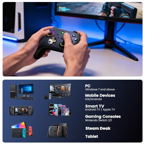 Wireless PC Gaming Controller - Hall Effect Joystick - No Drift, 2.4G & Wired 1000Hz Polling Rate, Remappable Buttons, Turbo & Vibration, Bluetooth Gamepad for PC/Switch/iOS/Android with Charging Dock - color: Black