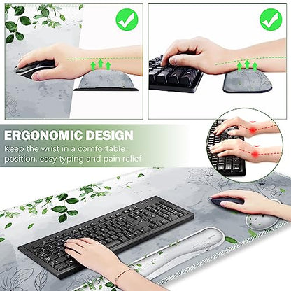 ARTSO Gaming Mouse Pad Wrist Support Set, XXL Large Desk Mat Mousepad + Keyboard Wrist Support+ Mouse Wrist Rest+Coaster 4in1 Ergonomic, Memory Foam -Green Leaves and Line Flower - color: Green leaves and Line Flower