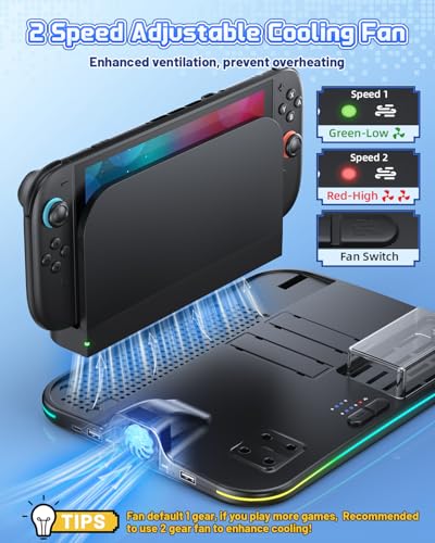 [Switch 2/1 Compatible] FASTSNAIL Charging Dock & Orgainzer Station & Cooling Fan for Nintendo Switch 2/1/OLED, Storage Stand for JoyCon 2/1 with 12 Card Slots, Controller/Headset Holder, 9 RGB Modes