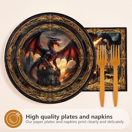96 Pcs Dragon Themed Birthday Party Decorations, Serves 24 | Medieval Fire Dragon Castle Plates and Napkins Fantasy Knight Theme Tableware Set for Boys Man Girls Party Supplies - style: Treasure Western Dragon Plates m