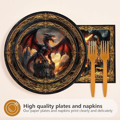 96 Pcs Dragon Themed Birthday Party Decorations, Serves 24 | Medieval Fire Dragon Castle Plates and Napkins Fantasy Knight Theme Tableware Set for Boys Man Girls Party Supplies - style: Treasure Western Dragon Plates m