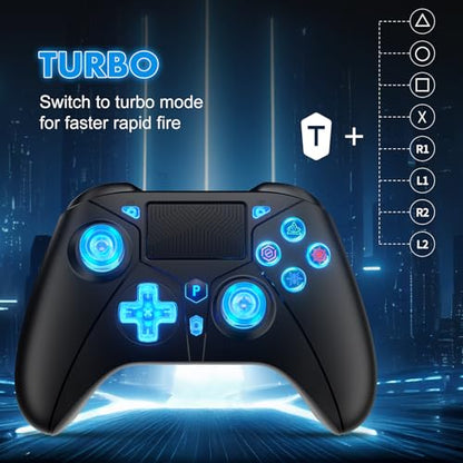 Dinosoo RGB Wireless Controller with LED Light & Remap Back Buttons, Adjustable Turbo, 2.4G Adapter for PS5, PC - color: Blue