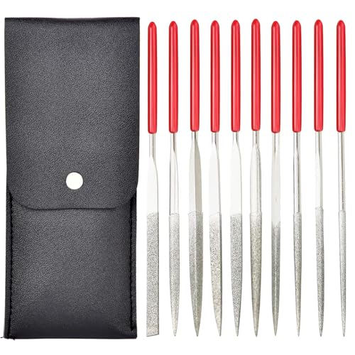 10pcs Mini Diamond Needle Files,Packed in Synthetic Leather Case,for high Precision Sanding Work on Wood,Plastic,Metal and Jewelry Carving - color: Red
