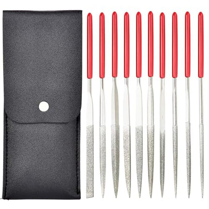 10pcs Mini Diamond Needle Files,Packed in Synthetic Leather Case,for high Precision Sanding Work on Wood,Plastic,Metal and Jewelry Carving - color: Red