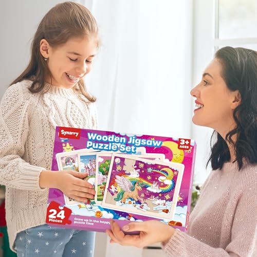 SYNARRY Large Unicorn Princess Fairy Wooden Puzzles for Girls Gift Box(12.2 * 9.4 in), 24 Pcs Puzzles for Kids Ages 4-6, Wood Puzzles for Kids Ages 3-5, Easter Basket Stuffers Gifts for Kids - style: Unicorn