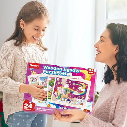SYNARRY Large Unicorn Princess Fairy Wooden Puzzles for Girls Gift Box(12.2 * 9.4 in), 24 Pcs Puzzles for Kids Ages 4-6, Wood Puzzles for Kids Ages 3-5, Easter Basket Stuffers Gifts for Kids - style: Unicorn