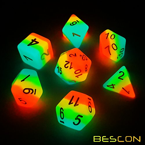 Bescon Fantasy Rainbow Glowing Polyhedral Dice 7pcs Set Midnight Candy, Luminous RPG Dice Set Glow in Dark, Novelty DND Game Dice d4 d6 d8 d10 d12 d20 d% in Brick Box - color: Midnight Candy