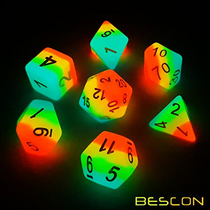 Bescon Fantasy Rainbow Glowing Polyhedral Dice 7pcs Set Midnight Candy, Luminous RPG Dice Set Glow in Dark, Novelty DND Game Dice d4 d6 d8 d10 d12 d20 d% in Brick Box - color: Midnight Candy