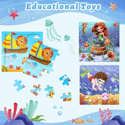SANNIX 12 Pack Wooden Jigsaw Puzzles with 12 Organize Bags | Ocean and Space Toddlers Puzzles for Kids Ages 3 4 5, Party Favors Educational Learning Travel Toys for Boys Girls - style: Ocean + Space