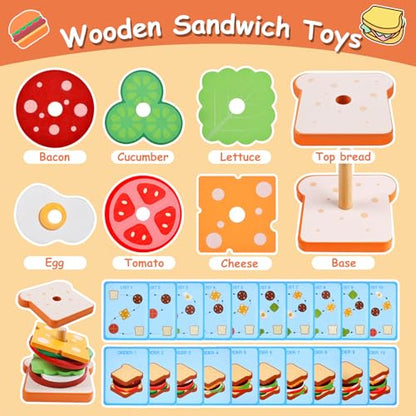Pajojoqa Wooden Sandwich Stacking Toys, Montessori Toys for Toddlers Kitchen Play Food Educational Preschool Learning Toys Christmas Birthday Gift Kids Toys for Boys Girls 3 4 5 Years Old (Sandwich) - color: Sandwich