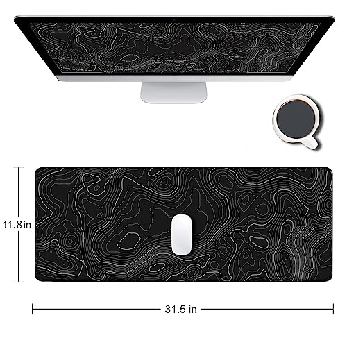 Gaming Mouse Pad, Large Topographic Mouse Pads for Desk, Non-Slip Rubber Base Mousepad, Keyboard Mouse Mat, Desk Pad with Stitched Edges, 31.5x11.8inch, Black Geographic Lines - color: 17 Black Geographic Lines