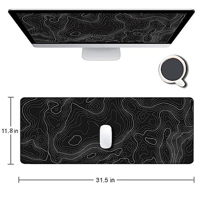 Gaming Mouse Pad, Large Topographic Mouse Pads for Desk, Non-Slip Rubber Base Mousepad, Keyboard Mouse Mat, Desk Pad with Stitched Edges, 31.5x11.8inch, Black Geographic Lines - color: 17 Black Geographic Lines